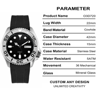 Montre de plongée automatique personnalisée en argent pour homme, bracelet en cuir noir, cadran à aiguilles, lumineuse, étanche 50M, montre mécanique à bracelet