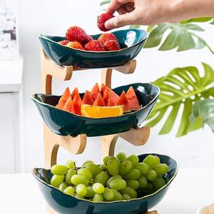 Corbeille à fruits en bambou à 3 niveaux avec bol à fruits en céramique pour fruits, pain, légumes, collations - Product Image 5