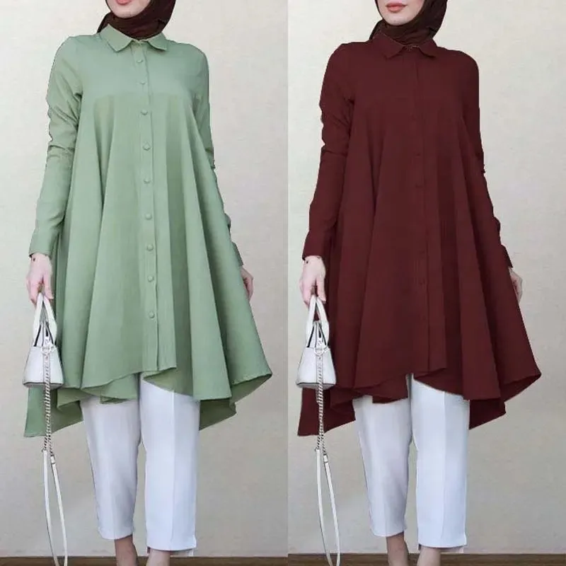 Hot Sale Islamic Clothing Women Modest Blouses Pleated Shirts Plus Size Long Sleeve Tops For Muslim Women