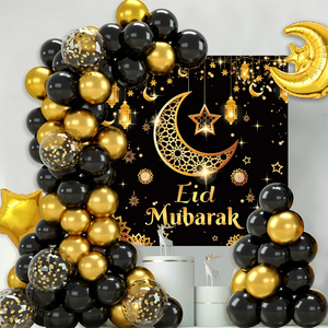 Noir or Eid Mubarak Latex feuille ballon et toile <span class=keywords><strong>de</strong></span> fond ensemble musulman Ramadan Mubarak lune étoile fête ballon arc ensemble - Product Image 1