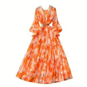 Vestido Midi Casual de Verano 2025 para Mujer, Estilo Túnica Romana Tejida con Cuello Redondo, Manga Linterna, Estampado Digital en Relieve, Poliéster/Algodón - Product Image 5
