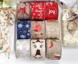 Caja de regalo de yute con estampado de alces navideños, directamente de fábrica, con lazo tejido con patrón de cinta multicolor, en cinta hecha a mano <span class=keywords><strong>para</strong></span> embalaje. - Product Image 4