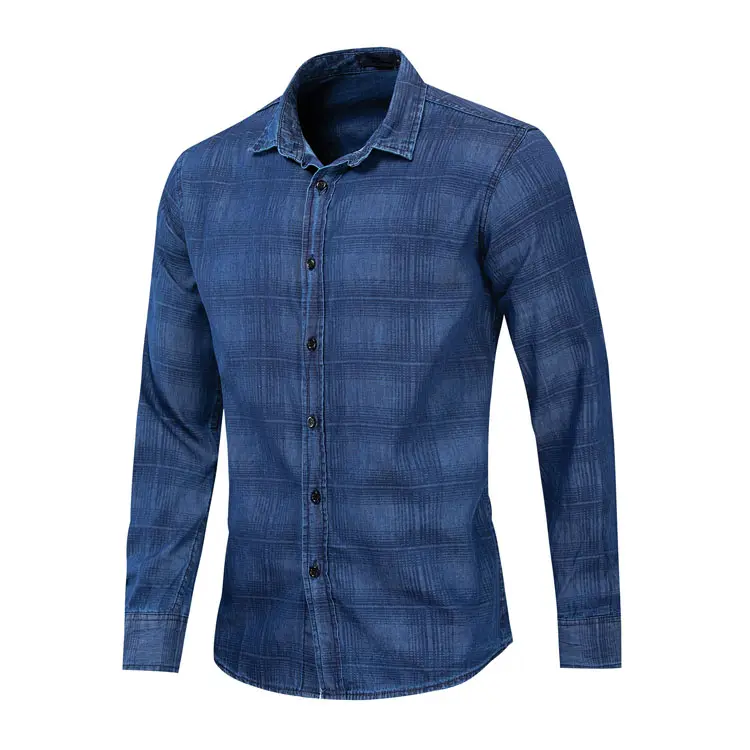 Mens Slim Fit Western Denim Shirt Woven Cowboy Outfit Long Sleeve Workshirt Plaid Collar Jeans Tops Work Shirt