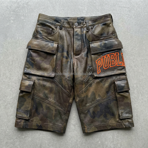 Apparel Manufacturer Custom Chain Embroidery <b>Short</b> Pants Multiple Pockets Oversized Luxury Loose Camo PU Leather <b>Shorts</b> for Men - Product Image 1