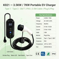 Chargeur de voiture électrique portable 3,5 kW 7 kW, pistolet de charge Type 1 Type 2 GBT AC 220V 0-32A IP65, Plug and Play, câble de chargeur EV intelligent pour maison connectée