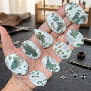 Pierres précieuses naturelles en agate mousse verte, taille poire, cabochons pour montage de bijoux, formes et tailles variées 20-40MM, Alif International - Product Image 2