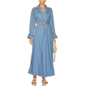 Logo personalizzato Blue Jean Denim Maxi abiti lunghi donna Lady eleganti abiti Casual tagliati <span class=keywords><strong>con</strong></span> <span class=keywords><strong>spacco</strong></span> - Product Image 4