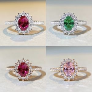 S925 Anillos de boda de plata esterlina Pigeon-Blood Red Oval-Cut Ruby-Red CZ Anillo 18K Anillo chapado en rodio - Product Image 5