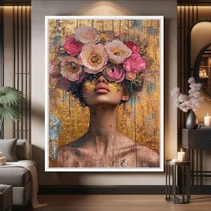 Peintures à l'huile sur toile modernes, abstraites, neutres, peintes à la main, avec des pétales dorés réalistes, des fleurs et des portraits, pour décoration murale. - Product Image 4