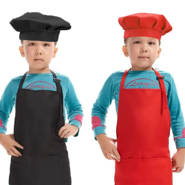 Kinder Waterdichte Verstelbare Mouwloze Schort Voorzak Opknoping Hals Groothandel Chef Muts Bakset Gedrukt Logo