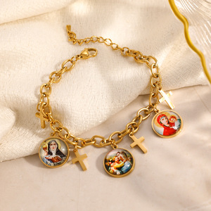 Pulsera de Acero Inoxidable con Cruz Chapada en Oro de 18k y Dije de la Virgen María, Joyería de Moda para Mujer, Regalo - Product Image 3