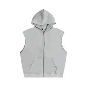 Sudadera con capucha de manga corta con cremallera, estilo streetwear, de algodón de alto gramaje (350 g/m²), color liso, con bordado personalizado desgastado, transpirable y de punto, oversize. - Product Image 3