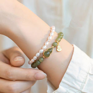 Bracelet de Jade vert naturel pendentif de <span class=keywords><strong>gourde</strong></span> en or extensible perlé élégant femmes filles guérison Imitation Bracelet de Jade cadeau - Product Image 4