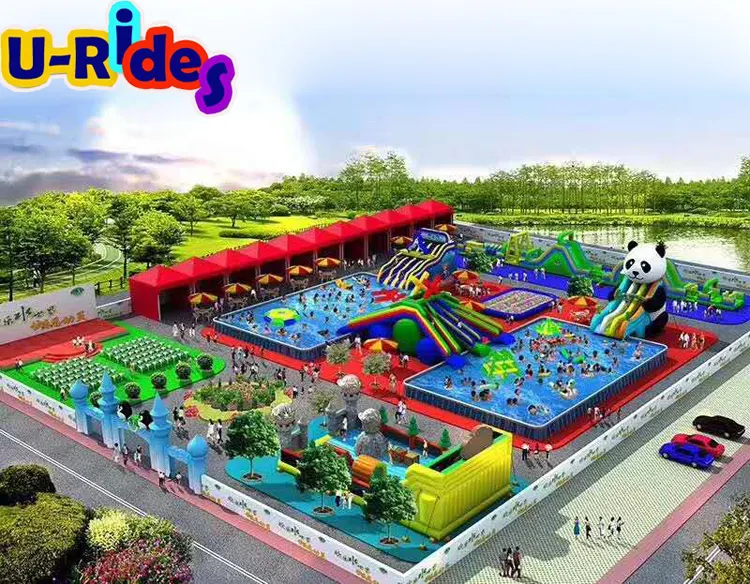 Trung Quốc Nhà sản xuất thương mại di động lớn Inflatable Công viên trượt với khung hồ bơi Inflatable Land công viên nước cho công viên phiêu lưu