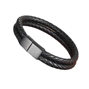 2312 hot titanium steel jewelry stainless magnetic PU leather bracelet Leather rope braid
