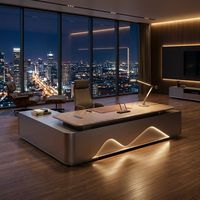 Ensemble de mobilier de bureau exécutif minimaliste, grand bureau de direction contemporain avec panneau lumineux unique et placage en noyer