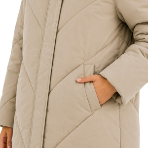 Manteau long matelassé en duvet pour <span class=keywords><strong>femme</strong></span>, couleur kaki, avec logo personnalisé, col en V, capuche à cordon de serrage, fermeture éclair intégrale, mi-mollet, coupe-vent, chaud et rembourré - Product Image 6