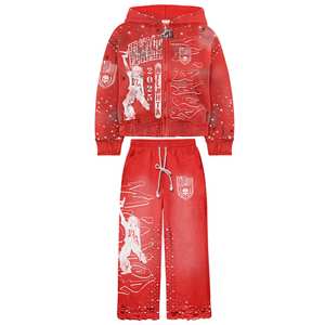 US Free Tax Custom Streetwear Vintage Französisch Terry <span class=keywords><strong>Cropped</strong></span> Acid Wash Reiß verschluss Distressed Strass Jogging hose und Hoodie Set - Product Image 4