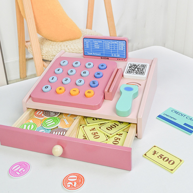 Kids Wholesale Wooden Cash Register Toy Simulation Scanner Cashier Pretend Play Game Gifts