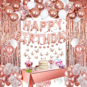 Elegante juego de decoraciones para fiesta de cumpleaños de oro rosa con mariposas 3D cartel de <span class=keywords><strong>feliz</strong></span> cumpleaños globos y centros de mesa - Product Image 1