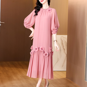 Boutique all'ingrosso donna Maxi autunno nuova moda perline di pizzo con bordo arricciato vita tinta unita in Chiffon uno si adatta a tutti - Product Image 6