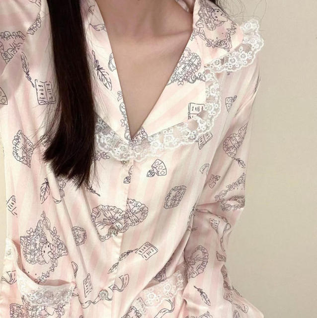 Coquette Hello Kitty Pajama Set Lace Trim Anime Striped Pajamas Cute and Sexy Spring/Autumn Loungewear 2 Pc Home Wear