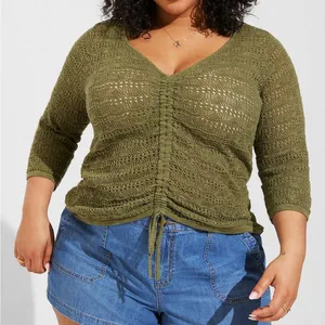 Sampel cepat sweter rajutan wanita sesuai pesanan ukuran besar kerah V renda depan lipit pola geometris berongga wanita