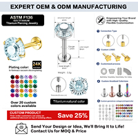 Bijou de piercing corporel en titane hypoallergénique G23 ASTM F136 avec incrustation CZ à quatre griffes, dos plat, pour conque et hélix, plaqué or 24K PVD
