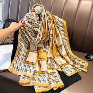 Mode nouveau 2024 Design lettre motif imprimé foulards en soie châles femmes longue grande ceinture imprimé soie foulard musulman Hijabs