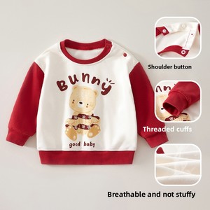 Sweat-shirt à boutons sur les épaules pour bébé, pull en coton avec motif d'ours de dessin animé, haut à col rond pour tout-petits, vêtements décontractés pour enfants - Product Image 5