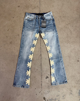 Pantalon en cuir PU brodé personnalisé style streetwear, jean évasé délavé vintage pour homme