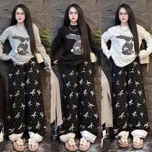 Conjunto Casual de Dos Piezas para Mujer, Top de Manga Larga con Estampado de Conejito y Pantalones Anchos con Estampado de Lazo, Ropa de Estar por Casa para Damas - Product Image 2