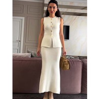 Ensemble deux pièces élégant et décontracté pour femme : Gilet sans manches à col rond en maille et jupe mi-longue taille haute ajustée, taille unique