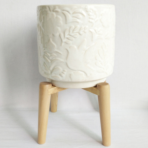 Maceta de cerámica moderna para decoración de jardín y hogar de 12 pulgadas con soporte de madera, diseño único, maceta dorada, patrón cuadrado creativo - Product Image 4