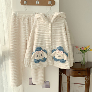 Ensembles de vêtements de nuit 8002 #   Pyjama d'hiver en velours rose à capuche pour <span class=keywords><strong>femme</strong></span>, pyjama chien à grandes oreilles - Product Image 5