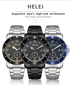 Helei, correa de acero inoxidable, resistente al agua, calendario completo, esfera Simple, 9002, moda de lujo, relojes de cuarzo japoneses para hombre - Product Image 6