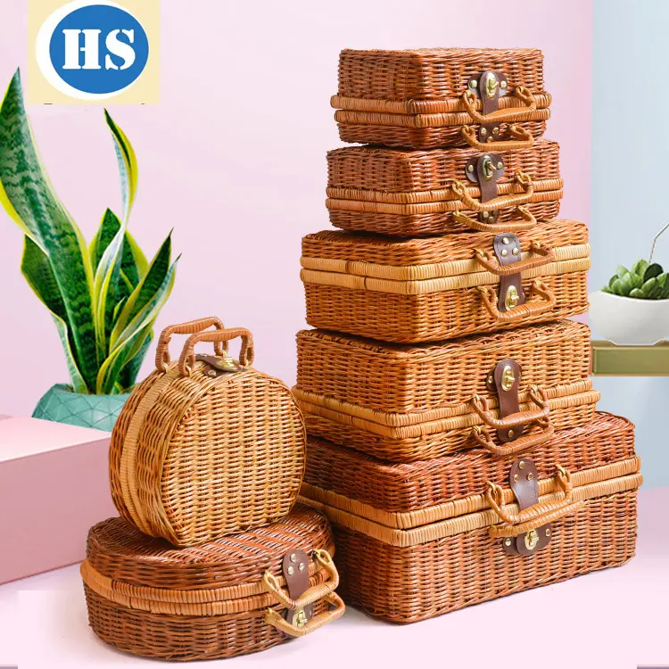 化粧や旅行、ピクニック用のレトロな野生の自然な籐の収納バスケット籐のスーツケース