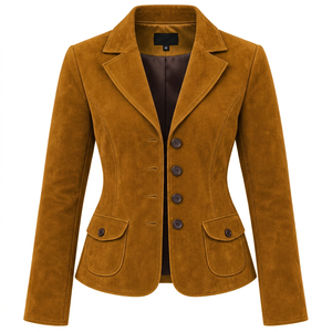 Women's Double-Breasted Genuine Sheepskin Winter <b>Blazer</b> Jacket Autumn <b>Green</b> Suede Plain Dyed Solid Pattern Windproof Button Silk - Product Image 4