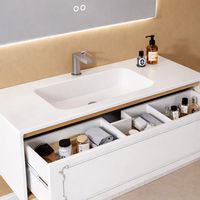 Meuble-lavabo de salle de bain moderne avec design à panneaux plats, vasque suspendue, style inspiré du bien-être, miroir éclairé inclus