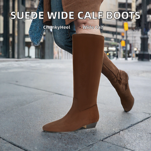 Bottes hautes à talons carrés en daim pour femme, confortables et élégantes, à enfiler, pour mollets larges - Product Image 2