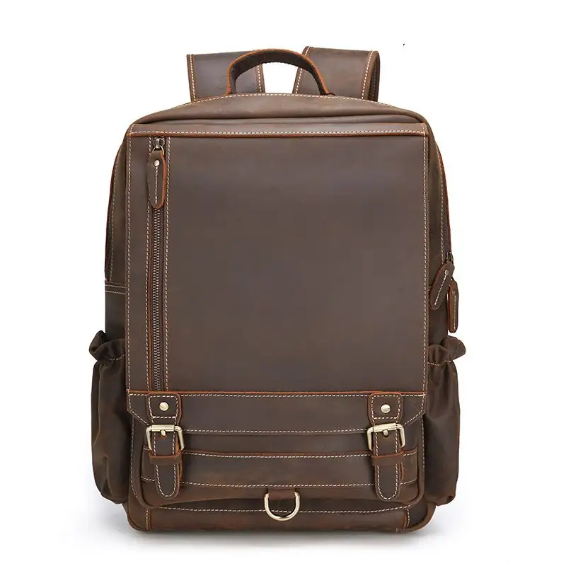 High capacity waterproof vintage genuine leather man black school backpack for university students large design