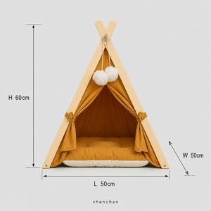 Tente <span class=keywords><strong>tipi</strong></span> pour chat en bois, structure en bois naturel, housse en toile lavable, coussin en peluche, pompons, <span class=keywords><strong>lit</strong></span> pour chat d'intérieur, chatons - Product Image 6