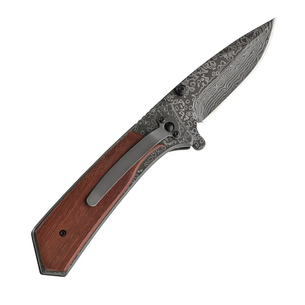 سكين جيب خشبي محفور بمقبض مصنوع من الصلب وقابل للطي يقدم كهدية رائعة في التخييم أو في الخارج