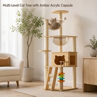 Arbre à chat multi-niveaux en gros avec lits-capsules en acrylique ambré et poteaux à gratter en sisal pour chats d'intérieur