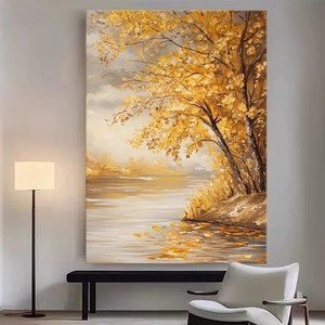 Pintura al óleo de paisaje minimalista moderna, hojas doradas, arte decorativo hecho a mano con textura para sala de estar, recibidor - Product Image 1