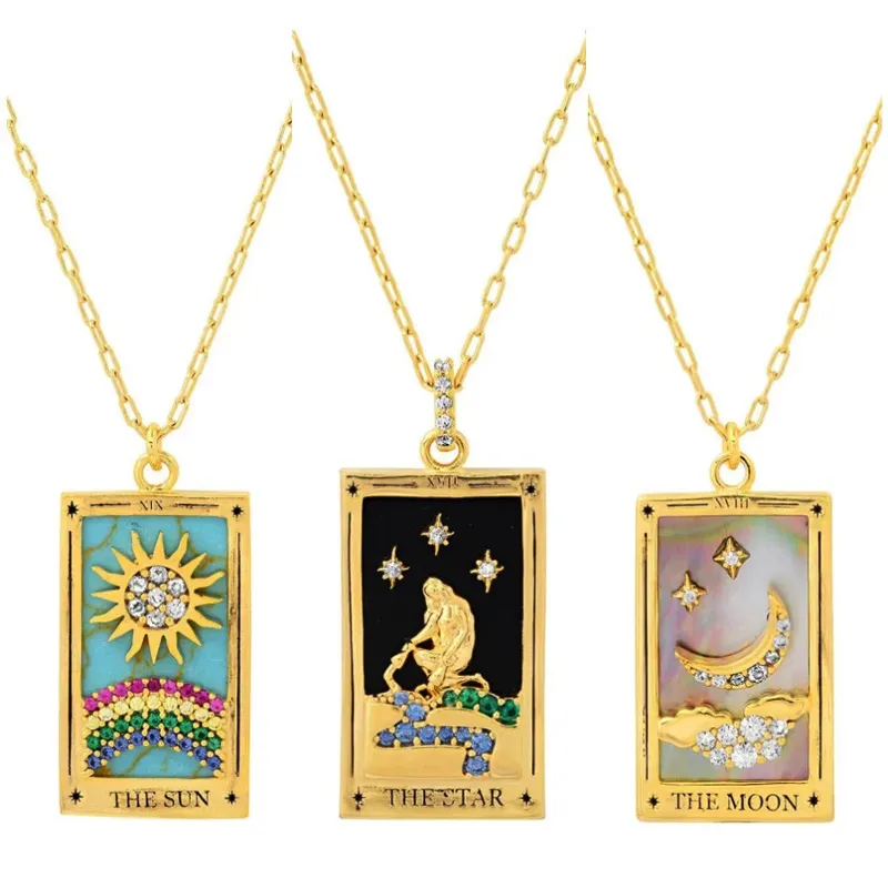 Colorful Square Mystic Divination Tarot Card Necklace Star Moon Sun Design Enamel Micro Zircon Tarot Amulet Pendant Necklaces