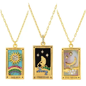 Colorful Square Mystic Divination Tarot Card Necklace Star Moon Sun Design Enamel Micro Zircon Tarot Amulet Pendant Necklaces