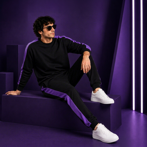 Conjunto Deportivo para Hombre, Negro con Rayas Moradas, Cuello Redondo, Manga Larga, Informal, para Correr, Transpirable, de Algodón, Ropa Deportiva de Invierno, Diseño 2 en 1 - Product Image 1