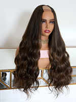 Perruque mi-tête en cheveux européens Kingdom Brown avec mèches caramel, fabriquée à la machine, sans dentelle, pour femmes souffrant de perte de cheveux