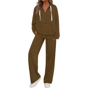 Conjunto Deportivo de 2 Piezas para Mujer, Sudadera Holgada con Cuello en V, Pantalones Deportivos Anchos de Felpa, Conjunto Informal para Otoño - Product Image 1